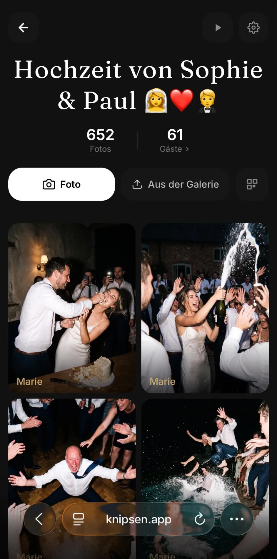 Hochzeitsfotogalerie in der Knipsen-App